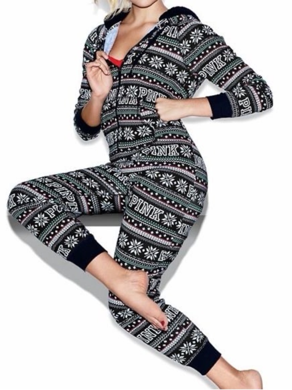 Victoria's Secret PINK Black and Pink Fair Isle Onesie Sz Medium